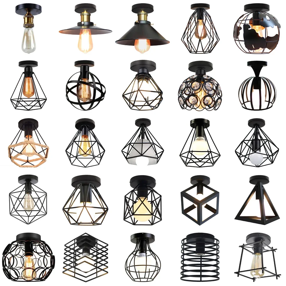 Decor Lighting Returns - Vintage Iron โคมไฟเพดานกลับทางเดินห้องโถงขนาดเล็กโคมไฟเพดานอุตสาหกรรมสีดํา E27 Home Decor