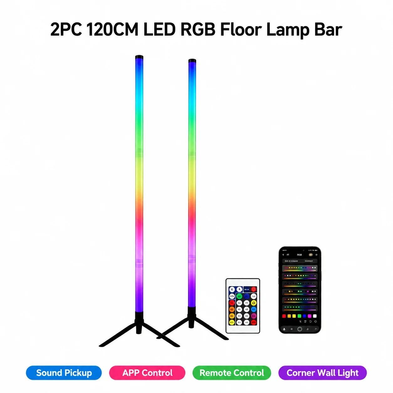 Lighting Decor For Room - โคมไฟตั้งพื้นแบบมุม RGB LED 2 ชิ้น, แถบไฟยาว