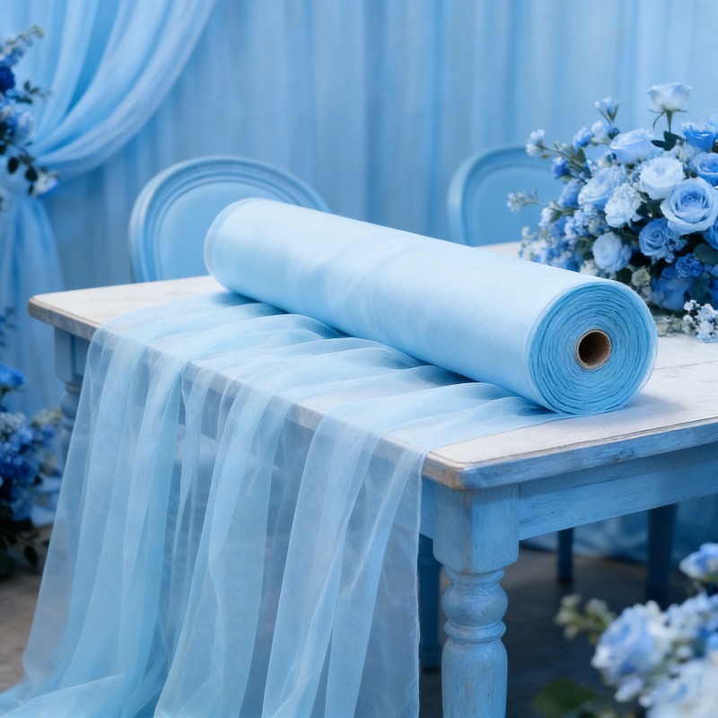 Lighting Decor Photos - ม่านโปร่งสีฟ้าอ่อนละมุนแบบฝ้ายบาง สำหรับตกแต่งโต๊ะเค้กงานฉลองอายุ 16 ปี และซุ้มลูกโป่งสีพาสเทลสำหรับถ่ายรูปในงานปาร์ตี้