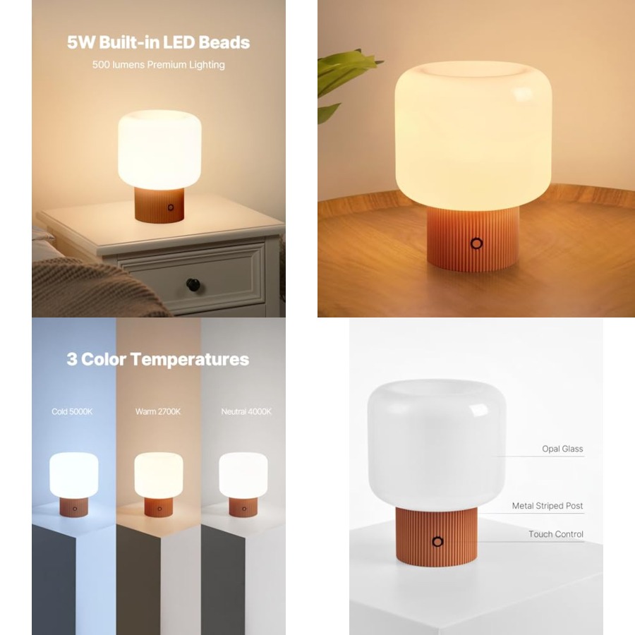 Mushroom Table Lamp - โคมไฟเห็ดฮาโล, โคมไฟตั้งโต๊ะไร้สายแบบชาร์จได้ 5W น่ารัก พร้อมโคมแก้ว, โคมไฟข้างเตียงแบบสัมผัสขนาดเล็ก